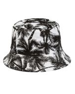 Foldable cotton bucket hat with black and white palm tree design.  These sun hats can be folded to fit in your bag and make great rave hats and funky festival wear.