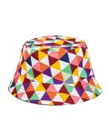 Foldable Cotton Bucket Hat With Multicoloured Geometric Design.  These sun hats can be folded to fit in your bag and make excellent rave hats or festival wear