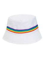 White Gay Pride bucket hat with rainbow band.  Gay Pride hats available include transgender pride, bisexual pride, lesbian pride, pansexual pride, nonbinary pride hats and more.  