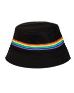 Gay Pride bucket Hat Black With Rainbow Stripe.  These sun hats can be folded to fit in your bag.  They make great rave hats and funky festival wear for your festival outfit.  Pretty little thing.