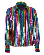 Rainbow metallic men's 70's disco hippy shirt.  These metallic shiny 70's shirts are great festival wear party wear and fancy dress. Pretty little thing.