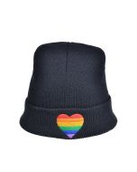 Gay Pride Beanie hat with embroidered rainbow heart.  Gay Pride Beanie hats also available bisexual pride beanie hat and lesbian pride beanie hat.  LGBTQ+ hats and accessories.