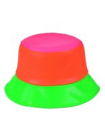 Neon patchwork bucket hat in neon pink orange and green.  The PU bucket hats can be used as a sun hat or a rain hat  The rave hats make funky festival wear for your festival outfit.