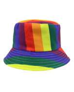 Gay Pride bucket hat with large rainbow stripes.  Also available bisexual pride hats, lesbian pride hats, transgender pride hats, nonbinary pride and pansexula pride hats.