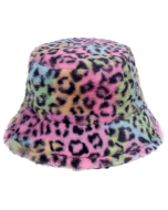 Multicoloured leopard print faux fur soft, warm and fluffy bucket hat or festival hat.  Nice warm festival hat for those chilli festival evenings.  Many colours of fluffy bucket hats available as well as matching bags