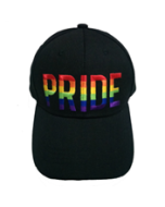 Gay Pride baseball cap in black with embroidered pride wording in rainbow colours..  May gay pride hats to choose from as well as transgender pride, bisexual pride, lesbian pride and more.