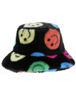 Smiley face print faux fur soft, warm and fluffy bucket hat or festival hat.  Nice warm festival hat for those chilli festival evenings.  Many colours of fluffy bucket hats available as well as matching bags