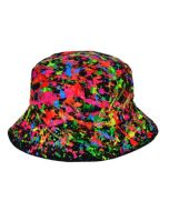 UV Reactive Rave Splatter Hat in Black.  Hand painted with UV reactive paint these bucket hats can be folded to fit in a bag.  Great festival wear for your festival outfit.  Pretty little thing.