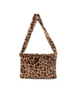 Faux fur fluffy shoulder bag with leopard print design.  These tote bags are fashionable and popular and there are matching fluffy faux fur bucket hats available too!