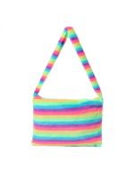 Faux fur fluffy shoulder bag in rainbow print  These tote bags are fashionable and popular and there are matching fluffy faux fur bucket hats available too!