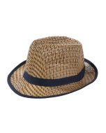 Festival trilby hat in natural straw colour with brown band.  These trilby hats make great festival hats.  Also available are black trilby hats and ganja print festival trilby hats.