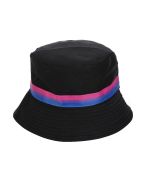 Bisexual Pride bucket hat with lesbian striped band.   Also available, rainbow pride hats, bisexual pride hats, gay pride hats, pansexual pride hats, non binary pride and more.