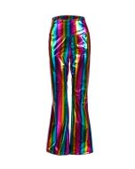 Shiny holographic rainbow flares.  These funky 70's disco flares make for a great festival outfit.  Metallic multicoloured 70's disco flares.  Pretty little thing.