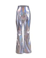 Silver holographic flares festival outfit.  These 70's silver disco flares are perfect festival wear.  Matching jackets, hats and bumbags available. Pretty little thing.