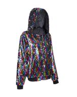 Rainbow sequin hooded bomber jacket festival jacket.  These multicoloured sequin hooded bomber jackets festival outfit.  Reversible sequin hooded bomber jacket.