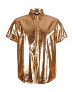 Gold metallic short sleeved disco shirt.  The short sleeved shiny gold shirts make great festival outfits and party wear or fancy dress.  Two sizes available.  Pretty little thing.