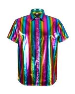 Rainbow metallic men's 70s disco shirt  The shiny 70's disco shirts make great festival outfits and party wear or fancy dress.  Shiny rainbow men's 1970's shirt. Pretty little thing