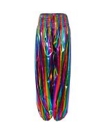 Rainbow Holographic Harem Pants Gene Pants.  These rainbow holographic shiny harem pants or gene pants are great festival wear for your funky festival outfit.  Pretty little thing