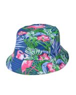 Foldable Cotton Bucket Sun Hat With Blue Flamingo Print