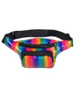 Shiny rainbow PU bum bag with adjustable straps and pockets.  These mutlicoloured bumbags make great festival wear to compliment your funky festival outfit.  Pretty little thing.