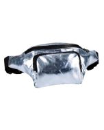 Silver shiny metallic bum bag with two pockets and adjustable straps.  These shiny silver bumbags are a funky accessory to your festival outfit.  Pretty little thing