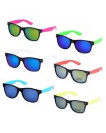 Wayfarer sunglasses with neon arms and mirrored lenses.  These wayfarer style sunglasses are a great festival wear accessory to your funky festival outfit Pretty little thing.