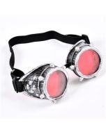 Silver steampunk goggles with coloured lenses.  Spare lenses available to change colour.  Great festival outfit.  Pretty little thing.