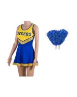 Yellow and blue cheerleader fancy dress outfit,  This cheerleader fancy dress outfit can be used for glee fancy dress, high school musical fancy dress or festival wear for your festival outfit. 