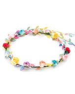 Multicoloured flower garland flower crown with multicoloured leaves.  These flower garlands can be used at a wedding or as a festival wear accessory to your festival outfit.  Pretty little thing.