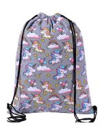 Unicorn Print Drawstring PE Bag In Grey.  These canvas drawstring bags make great PE bags or festival bags to compliment your funky festival outfit.  Pretty little thing.