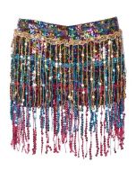 Rainbow sequin tassel skirt with hot pants underneath.  These multicoloured sequin tassel skirts make great dance shorts or festival wear for your funky festival outfit 