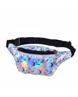 Shiny silver unicorn print bum bags with adjustable straps and pockets.  These metallic silver bumbags make great festival wear for your funky festival outfit.  Matching bucket hats available.  Pretty little thing.