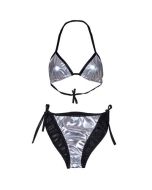 Shiny silver holographic bikini.  These shiny silver bikinis are great for holidays or festival wear for your funky festival outfit. Pretty little thing. Metallic silver bikini.