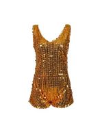 Gold sequin playsuit, romper suit or one piece.  This gold sequin play suit makes great festival wear for your funky festival outfit.  The sizes are 8 and 10 Pretty little thing