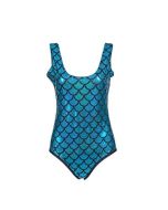 Metallic turquoise swim suite with mermaid scale print.  These shiny holographic swimming costumes are great for holidays or festival wear for your festival outfit.  Pretty little thing.