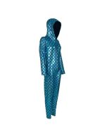 Shiny holographic turquoise hooded catsuit jumpsuit.  These funky disco dance metallic hooded catsuits make great festival wear for your funky festival outfit. Pretty little thing.