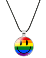 Gay Pride Necklace With Smiley Face On Rainbow Stripes.