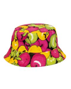 Foldable cotton bucket hat sun hat with apple print design.  These rave hats can be folded to store in your ag or pocket and make for funky festival wear.