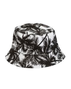 Children's cotton sun hat with palm tree design.  These foldable kid's bucket hats are very comfortable sun hats and have a black and white palm tree design.  Ideal festival wear for their festival outfit.  Pretty little thing.