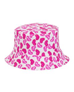 Children's sun hat with pink hearts design.  These children's bucket hats are foldable to fit in your bag or pocket.  They are very comfortable cotton sun hats. Pretty little thing.