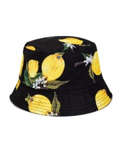 A foldable cotton bucket sun hat with lemon print design.  These sun hats can be folded to fit in your bag or pocket.  They make great rave hats or funky festival wear.