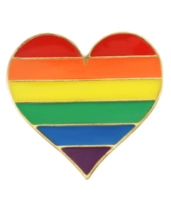 Rainbow gay pride heart shaped metal pin badge.  Many LGBTQ+ badges available including transgender pride badges, pansexual pride badges, bisexual pride badges, non binary and more.