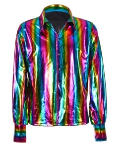 Rainbow metallic men's 70's disco hippy shirt.  These metallic shiny 70's shirts are great festival wear party wear and fancy dress. Pretty little thing.