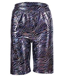 Shiny holographic zebra print cycling shorts.  These shiny metallic animal print cycling shorts make great dance wear of festival wear for your funky festival outfit. Pretty little thing.