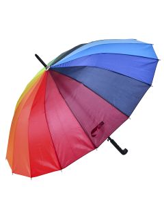 Multicoloured golf brolly, golf umbrella.  This large high quality golf umbrella has all the colours of the rainbow.  It is a very attractive umbrella and is very good at its job - to keep you dry.   Pretty little thing.