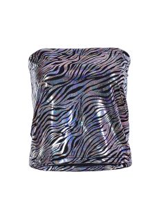 Shiny Holographic Zebra Print Strapless Top.  These metallic zebra print strapless tops make great festival wear for your funky festival outfit, Pretty little thing.