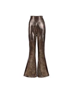 Shiny metallic leopard print flares.  These shiny 70's leopard print disco flares make a great addition to your festival outfit.  Pretty little thing.  Festival flares.