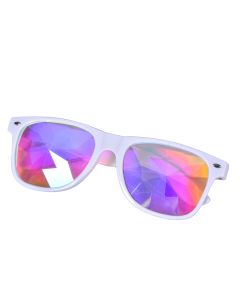 White Wayfarer Glasses With Kaleidoscope Lenses.  These kaleidoscope glasses make a great festival wear accessory to your funky festival outfit.   Pretty little thing.