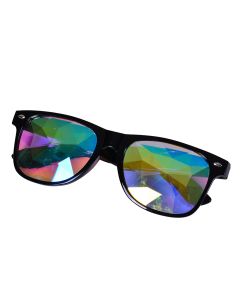 Black kaleidoscope glasses with kaleidoscope lenses. These kaleidoscope wayfarer glasses make a great festival wear accessory to your funky festival outfit.  Pretty little thing.