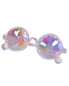 Round kaleidoscope glasses with clear frame and prism lenses.  These kaleidoscope glasses make a great festival wear accessory to your funky festival outfit. Pretty little thing.